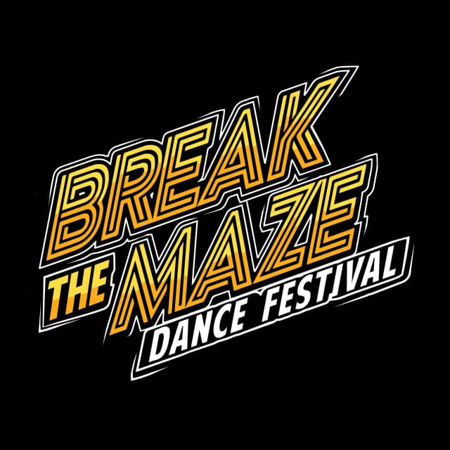 The Break the Maze Dance Festival logo, featuring a silhouette of a person breaking through a wall of mazes in black and yellow.
