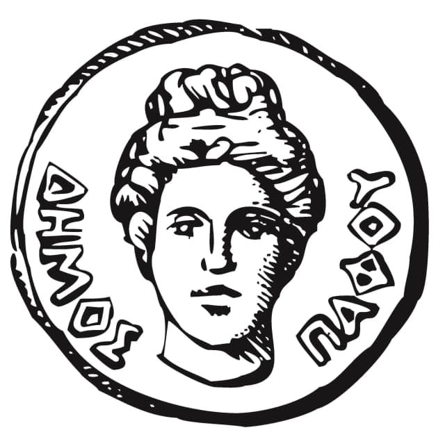 The Dimos Pafou logo, featuring a stylized letter D in blue and white